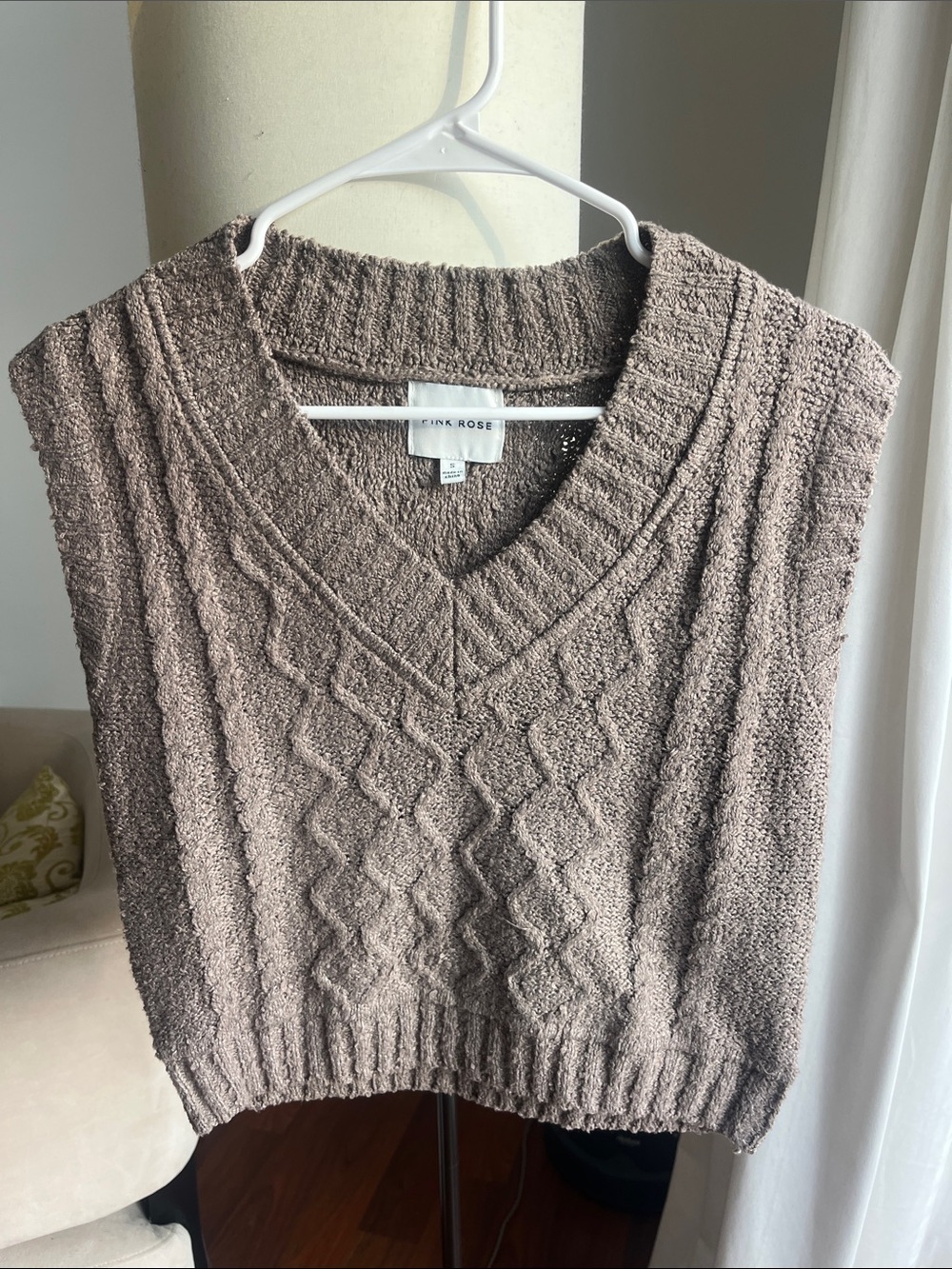 Taupe Cable Knit V-Neck Sweater Vest